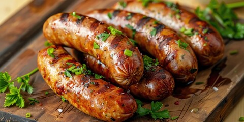 Fototapeta premium Fried grilled pork sausages on a plate