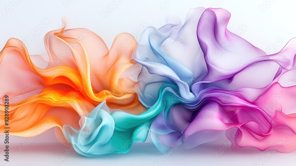 Poster a vivid wave of multi-colored fabric on a white backdrop with a subtle glint at the base