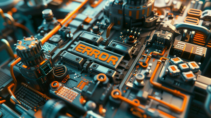 Close-up of a high-tech machine with "ERROR" in bold letters on the panel. Blurred background, soft lighting highlights gears and wires, with orange, red, and blue tones