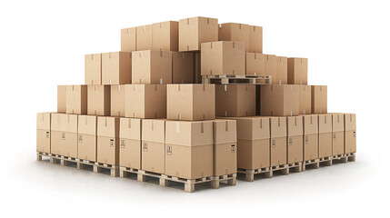 A stack of cardboard moving boxes on transparent, PNG or white background for warehouse mockup. Storage, relocation hose moving boxes, package shipping, logistic concepts.