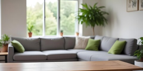 A wooden table is in the foreground with a blurred gray sofa and green plants in the background.