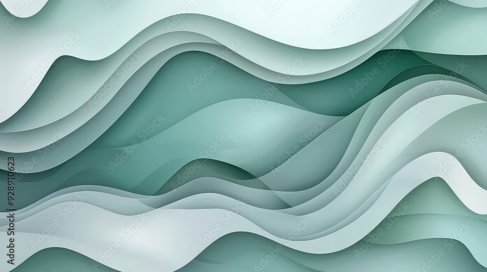 Poster The artwork features flowing waves in shades of green and white, creating a calm and harmonious visual effect