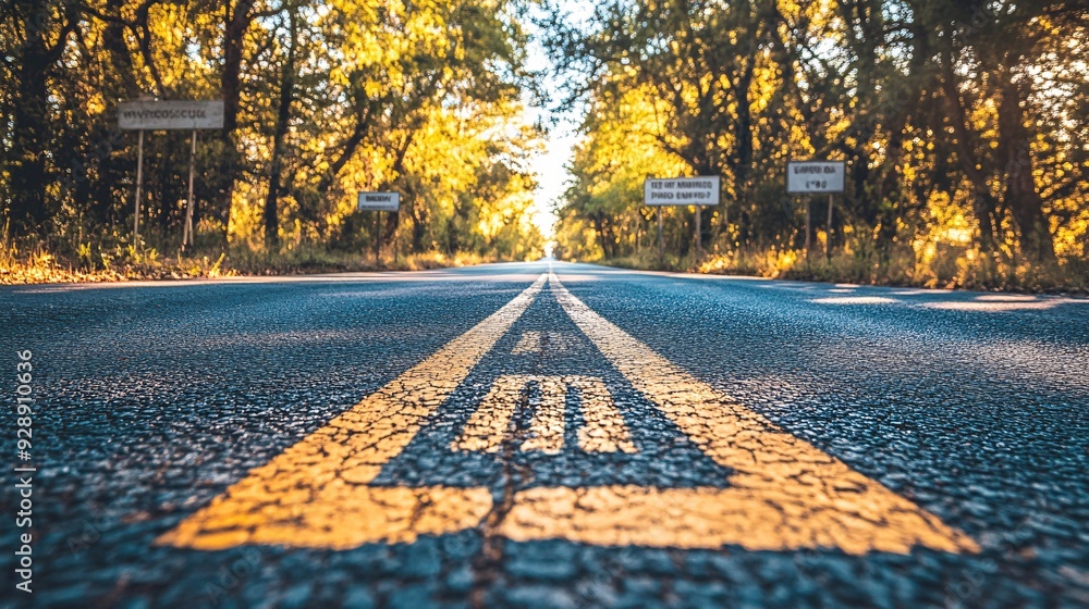 Poster a conceptual image of a road leading to a peaceful retirement destination with signs along the way r