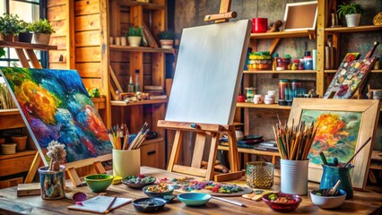 Easel-mounted blank canvas awaits creation in a cluttered studio surrounded by paint-splattered brushes, vibrant tubes of oil paint, and scattered inspirational art books.