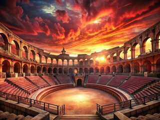 Crimson Twilight Throne: Stadium in an ancient setting with reddish hues, stone arches, and an ethereal ambiance