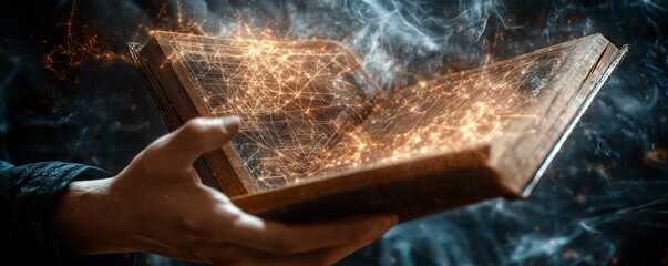 A hand holds a book, emitting magic sparks and smoke.