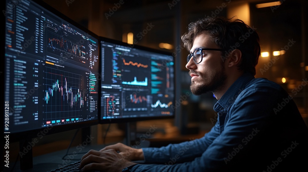 Poster A young professional using an online banking platform to monitor their accounts and set up automatic savings plans The interface is sleek and user-friendly Stock Photo with copy space