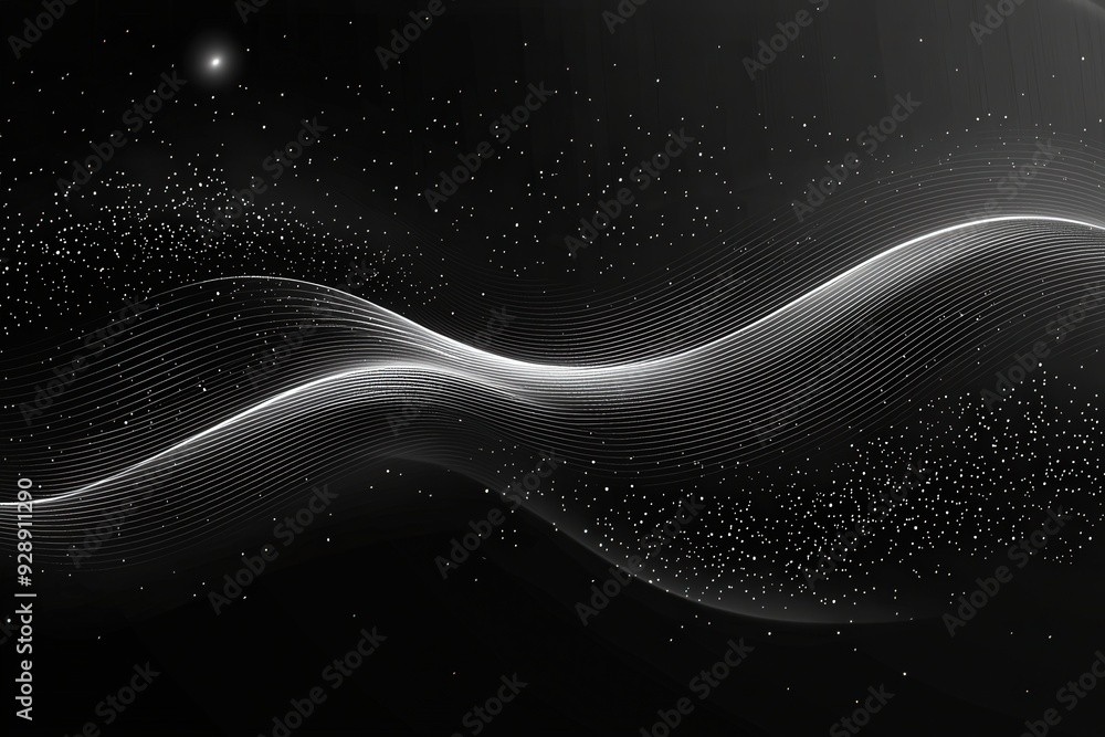 Poster Wavy lines meander across a dark backdrop, interspersed with tiny sparkling elements resembling stars