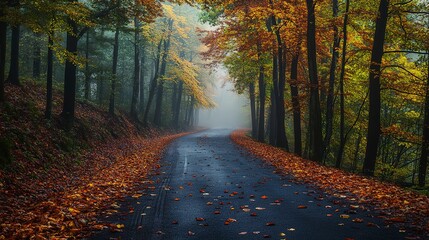 Fototapeta premium Scenic autumn road with fallen leaves and colorful trees, creating a picturesque pathway through the forest under a misty atmosphere.