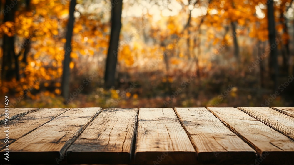 Poster the empty rustic wooden table for product display with blur background of autumn forest. exuberant i