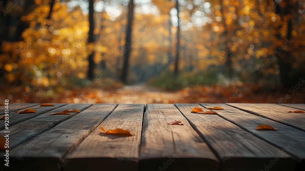 Poster the empty rustic wooden table for product display with blur background of autumn forest. exuberant i