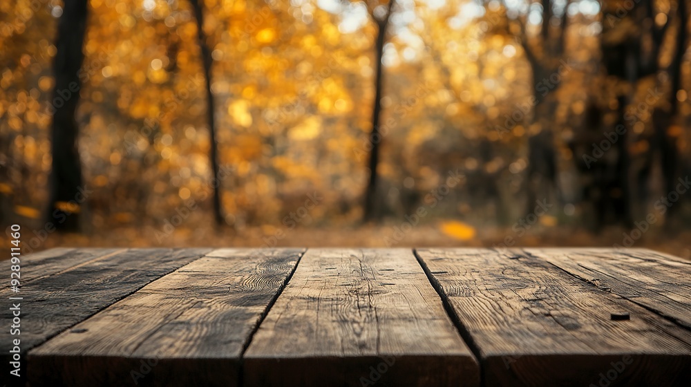 Poster The empty rustic wooden table for product display with blur background of autumn forest. Exuberant image.