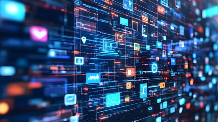 Abstract Digital Network with Glowing Icons and Data Streams