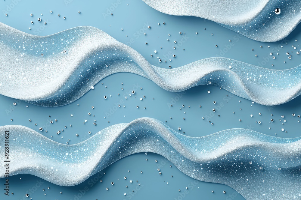 Poster Soft blue background features elegant waves of fabric adorned with shimmering droplets, creating a tranquil and artistic atmosphere