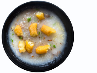 Minced pork and pork offal congee with deep-fried chinese dough sticks on top