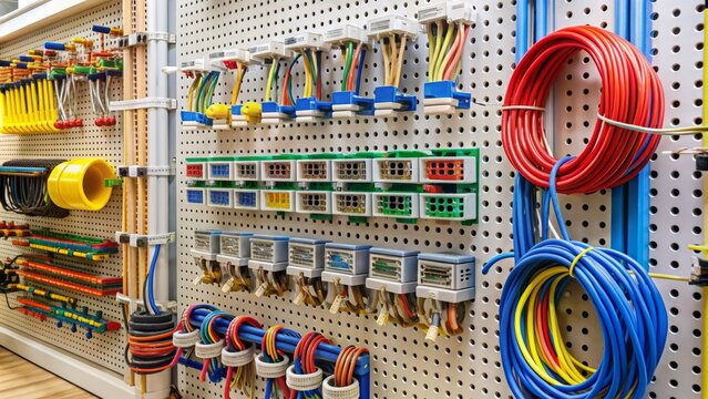 Electrical cables and wiring organized on a pegboard, following safety guidelines and regulations, highlighting importance of adhering to national electrical code standards.
