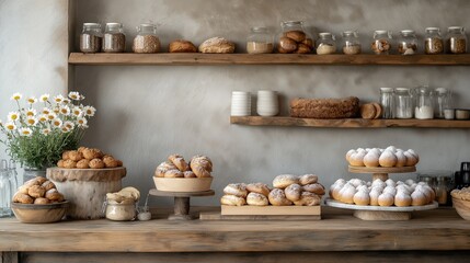 Fototapeta premium Rustic Bakery Goods Display with Ample Copy Space - Ideal for Advertising, Marketing, and Culinary Projects
