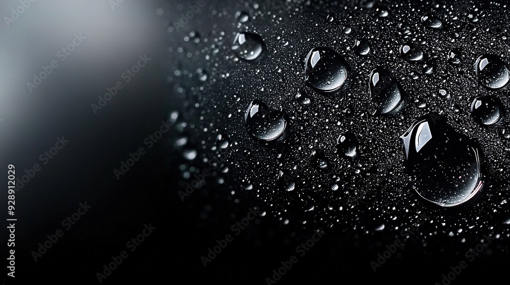 Aufkleber   A macro shot of water droplets on a dark background with a fuzzy photo of the surface in the distance
