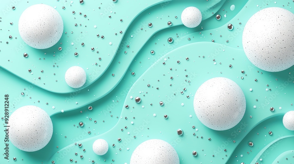 Poster Floating white spheres rhythmically scatter across a textured mint surface, creating an engaging abstract visual experience