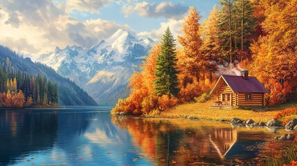 Fototapeta premium Pastel autumn scene with a cozy cabin by a lake surrounded by fall foliage. 