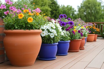 Colorful flowers in pots on a deck, creating a vibrant and inviting outdoor space filled with natural beauty.