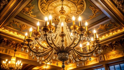 Obraz premium Elegant chandelier suspended from ornate ceiling, softly illuminates lavish interior with warm, golden glow, exuding refinement and sophistication in upscale ambiance.