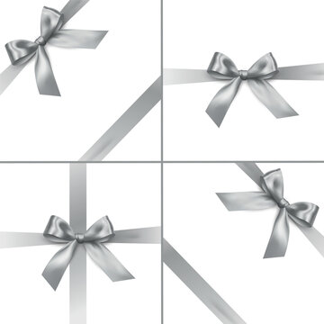Vector realistic shiny silver ribbon with bow design collection- gift wrapping decoration on white background