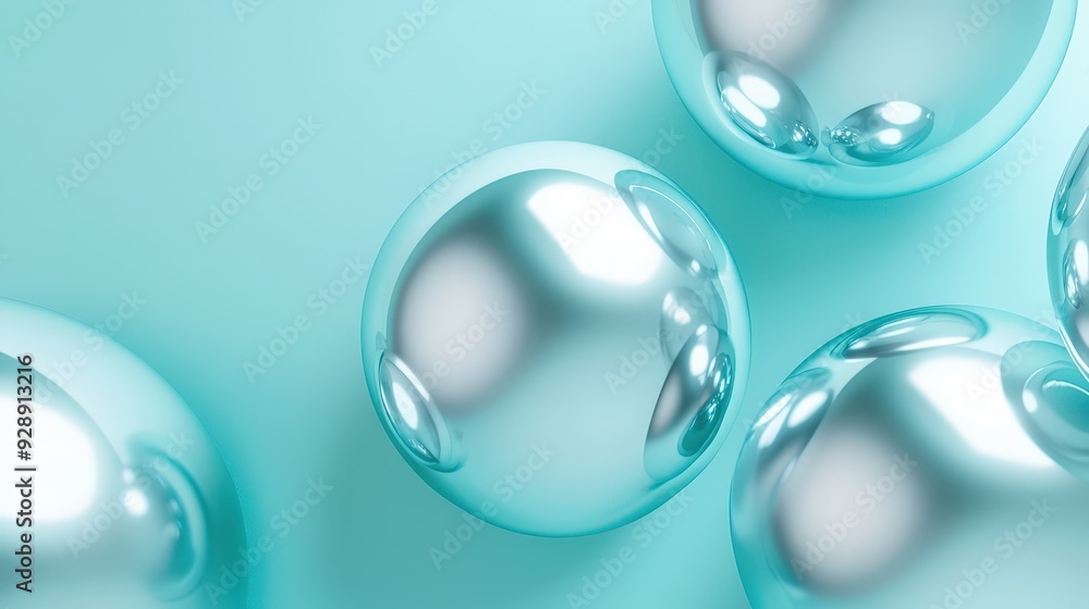 Poster spheres with a metallic finish reflect light against a soothing turquoise backdrop, creating a tranq