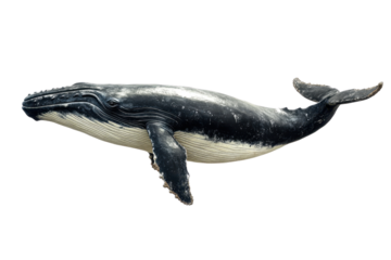 A high-resolution image of a majestic humpback whale swimming in clean, calm ocean waters, showcasing its distinct features.