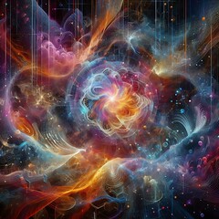 Abstract digital art of a vibrant starry night sky. Swirling flower with bright orange center at the center. Dynamic white lines create wave patterns, blending colors 