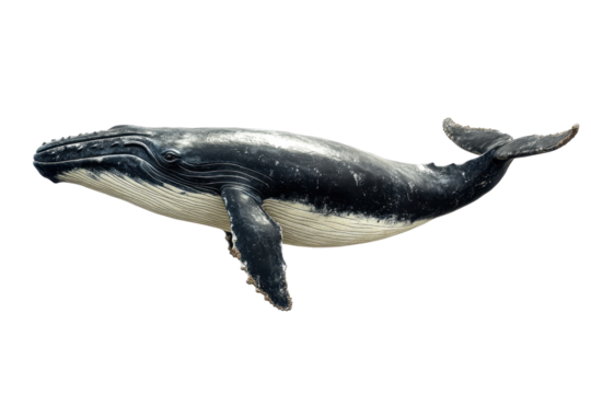 A high-resolution image of a majestic humpback whale swimming in clean, calm ocean waters, showcasing its distinct features.