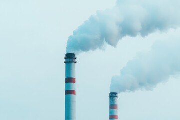 Industrial smokestacks releasing white smoke into a blue sky, symbolizing pollution and environmental impact.