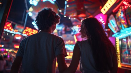 high-resolution, ultra-realistic, 4K, cinematic image of teenager boy and girl enjoy with attraction 