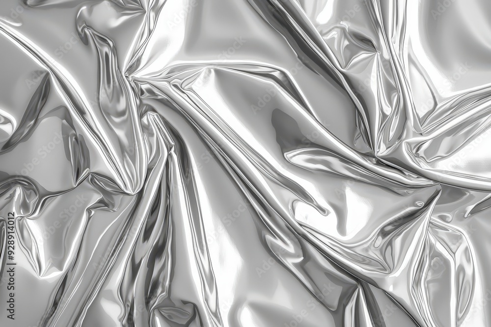 Leinwandbilder Silver metallic fabric displays intricate folds and creases, creating dynamic light reflections in a bright environment