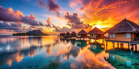 EtherealSunsetOverwaterBungalow: Dreamy resort with floating bungalows, ethereal sunsets, and iridescent waters.