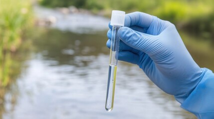 A hand holding a test tube filled with liquid, showcasing water sampling in a natural environment.