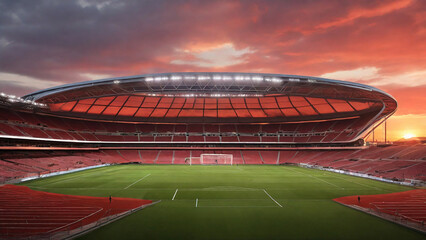 A soccer stadium filled with vibrant green grass, surrounded by towering stands.