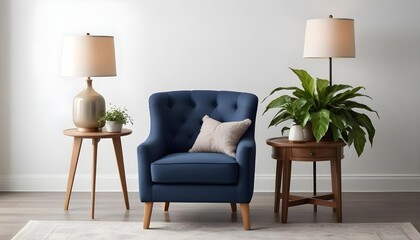 A navy blue upholstered armchair with a tufted back and wooden legs was placed next to a wooden side table with a potted plant and lantern.