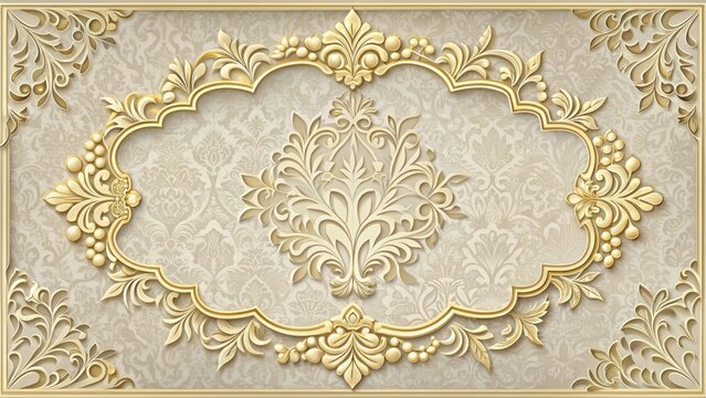 Elegant ivory invitation card with ornate gold frame, adorned with lavish floral patterns and subtle textures, exuding sophistication and refinement on a soft gray background.