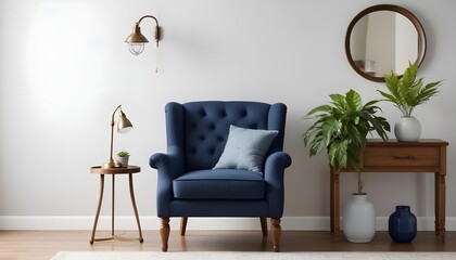 A navy blue upholstered armchair with a tufted back and wooden legs was placed next to a wooden side table with a potted plant and lantern.