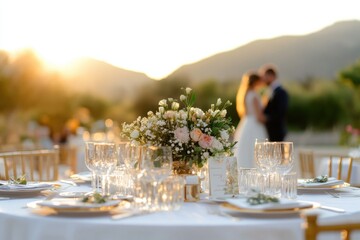 A romantic wedding setting at sunset, featuring elegant table decor and a couple in the background, perfect for celebration themes.