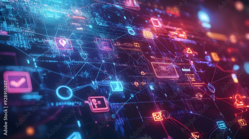 Poster abstract digital network with glowing icons and lines