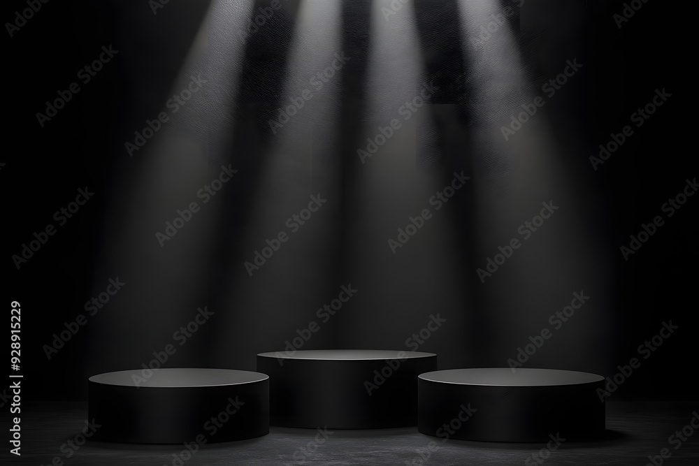 Wall mural abstract black scene with three cylinder podiums template with light beams for presentation cosmetic