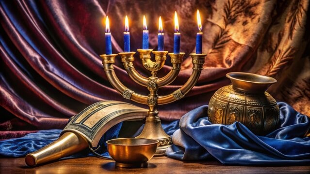Elegant menorah and shofar rest on a velvet cloth, surrounded by sacred texts and ritual objects, evoking a sense of reverence and tradition during the High Holidays.