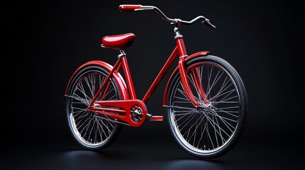 Classic red bicycle with white tires on black background.