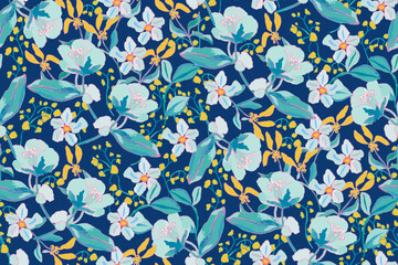 Obraz premium Cute hand drawn feminine watercolor seamless pattern with wildflowers.