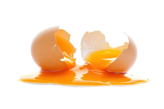 Close-up of a broken egg with yolk and shell on a transparent background. Ideal for culinary, cooking, and food-related themes in stock photos.