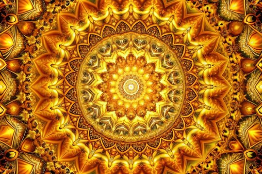 Golden Kaleidoscope Fever: Vibrant, psychedelic, geometric, golden hues, infectious energy