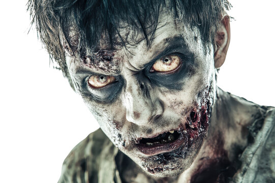 Close-up of a creepy zombie with decayed flesh, intense eyes, and grotesque features, perfect for horror or Halloween themes.
