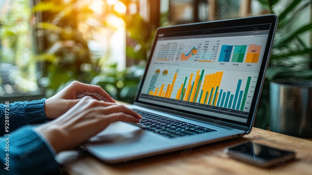 Poster a person using an online budgeting tool on their laptop with colorful charts and graphs showing thei